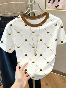 Camiseta de mujer con cuello redondo, estampado de corazones y lunares, y bloques de color - Blanco 2 - Ver 1