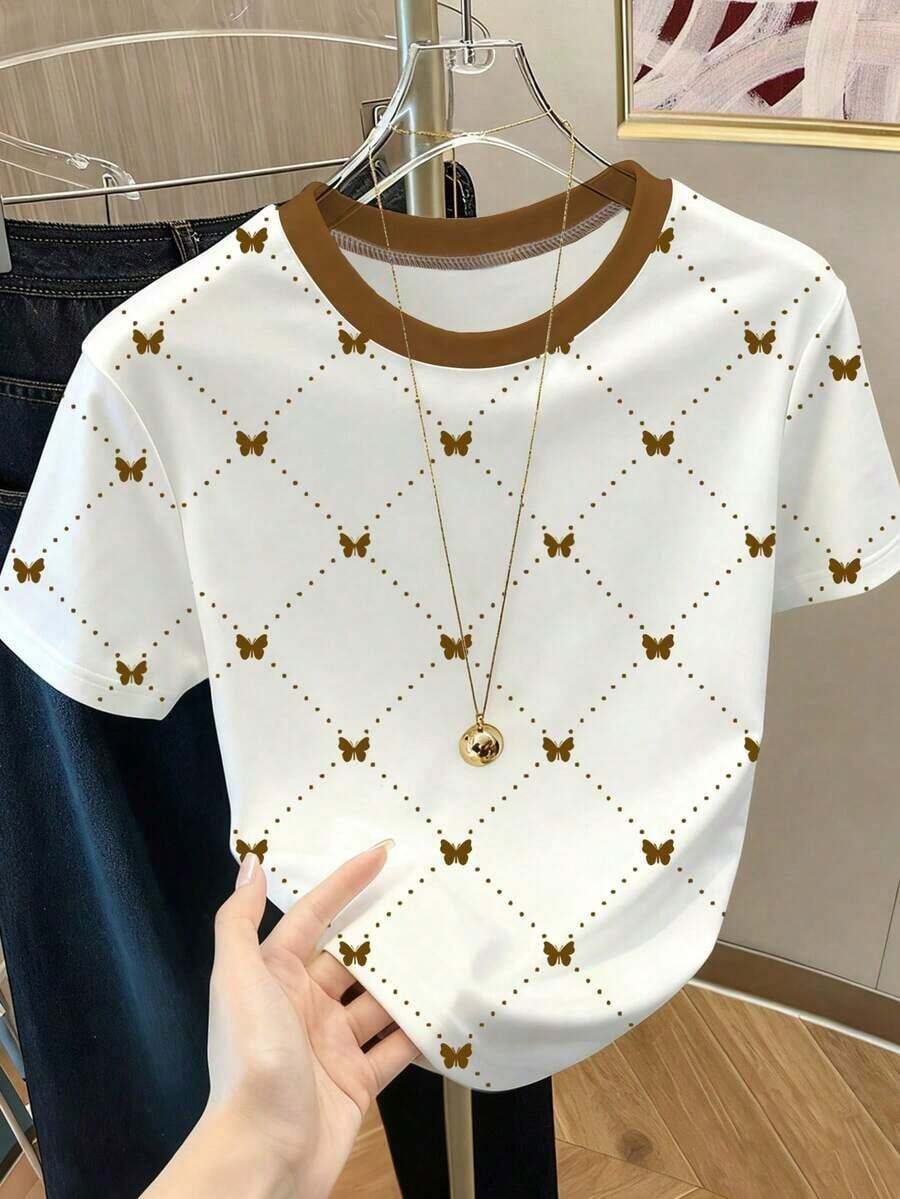 Camiseta de mujer con cuello redondo, estampado de corazones y lunares, y bloques de color - Blanco 2 - Ver 1