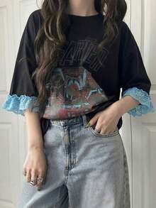 Camiseta de manga corta para mujer con ajuste holgado, estampado de letras, parches de encaje, de mezcla de algodón transpirable, versátil para primavera/verano - Negro 2 - Ver 4