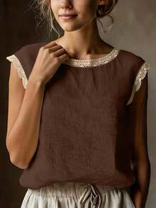 Blusa de manga corta de lino vintage para mujer, camiseta holgada de mezcla de lino con cuello redondo y parches de encaje, transpirable, para verano - Café integral - Ver 4