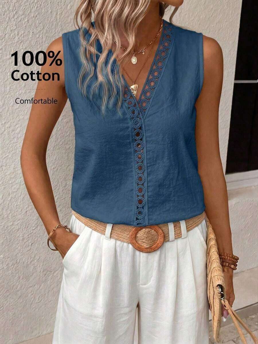 Camisa sin manga panel con encaje - Niebla azul - Ver 1