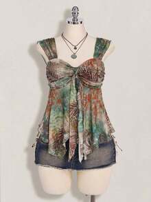 ICON Camiseta asimétrica transparente con estampado de cachemira para mujer de talla grande, top de rave, top transparente, para vacaciones de verano, temporada de graduación, temporada de regreso a clases, ropa de verano, Y2K. - Multicolor 2 - Ver 6