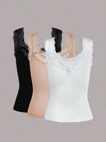 Top de tirantes de cuello redondo de unicolor con encaje de contraste para mujer en verano - Multicolor - Ver 2