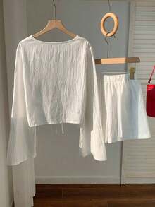 Conjunto de blusa con amarre al frente y shorts con estampado de anacardo para mujer, en estilo bohemio - Blanco - Ver 2