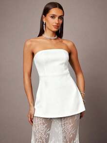Set de 2 piezas con top corto tipo bustier negro y minifalda con dobladillo de encaje, adecuado para citas, graduaciones, conciertos, vestidos de dama de honor, bodas, ocasiones románticas, estilo minimalista, conjunto elegante para uso diario - Blanco - Ver 5