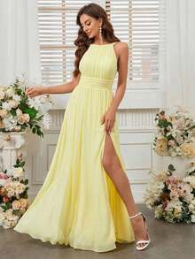 Belle Vestido de dama de honor con cuello de halter de unicolor, cintura imperio y abertura frontal alta.Elegante vestido color púrpura claro para boda. - Amarillo - Ver 5