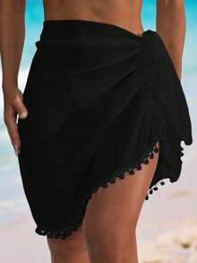 Pañuelo de playa para mujer con flecos y pompones, estilo bohemio, para cubrir y sarong - Negro 2 - Ver 1