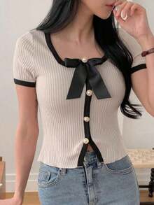 Camiseta casual y elegante de mujer con cuello cuadrado, bloque de color, lazo y manga corta para el verano - Blanco - Ver 2