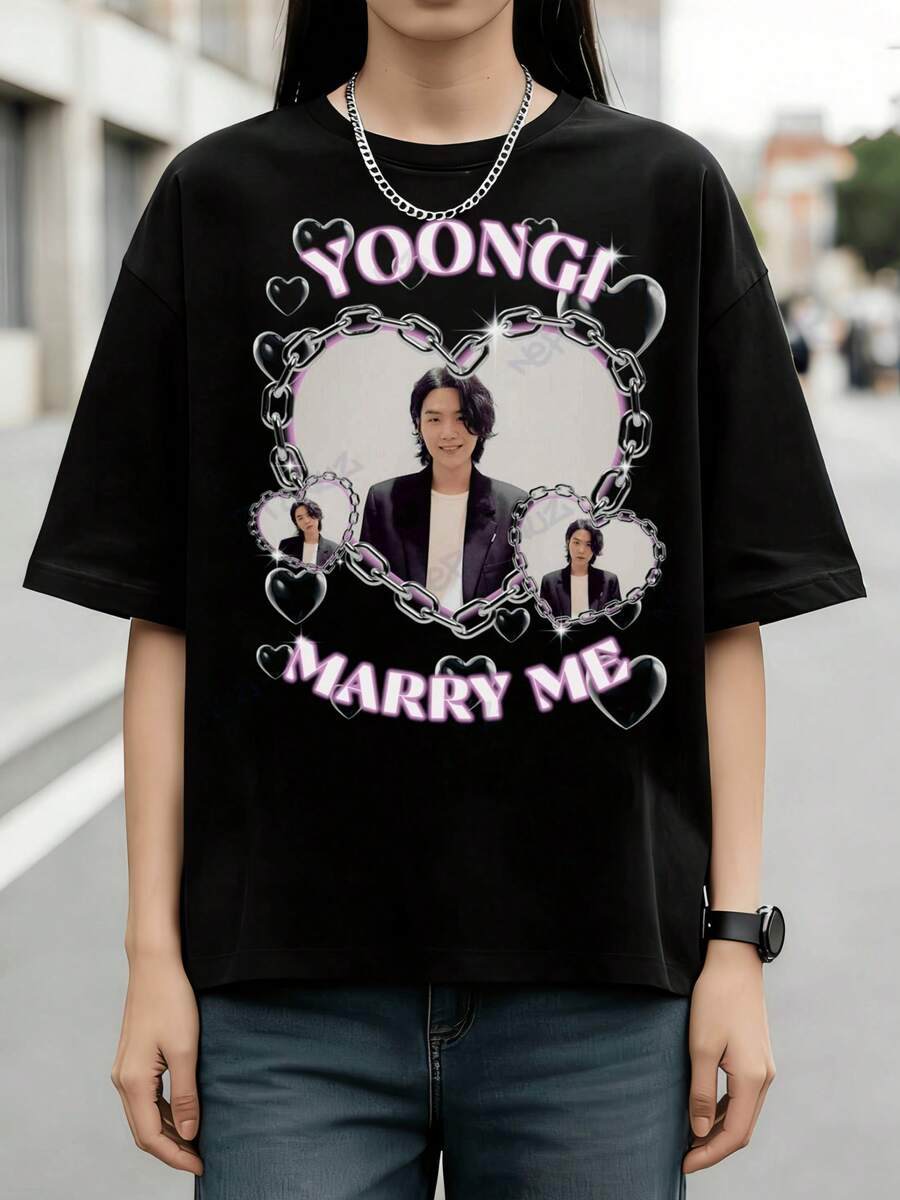 Funny Min Yoongi 'Marry Me' Shirt Vintage Graphic Tee - Black - View 1