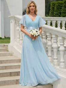 Vestido de dama de honor con cuello en V elegante, mangas con volantes y mariposa, color verde salvia, vestido de invitada de boda, vestido de primavera semi-formal para boda, fiesta de cumpleaños, graduación, Día de San Valentín - Celeste 2 - Ver 1