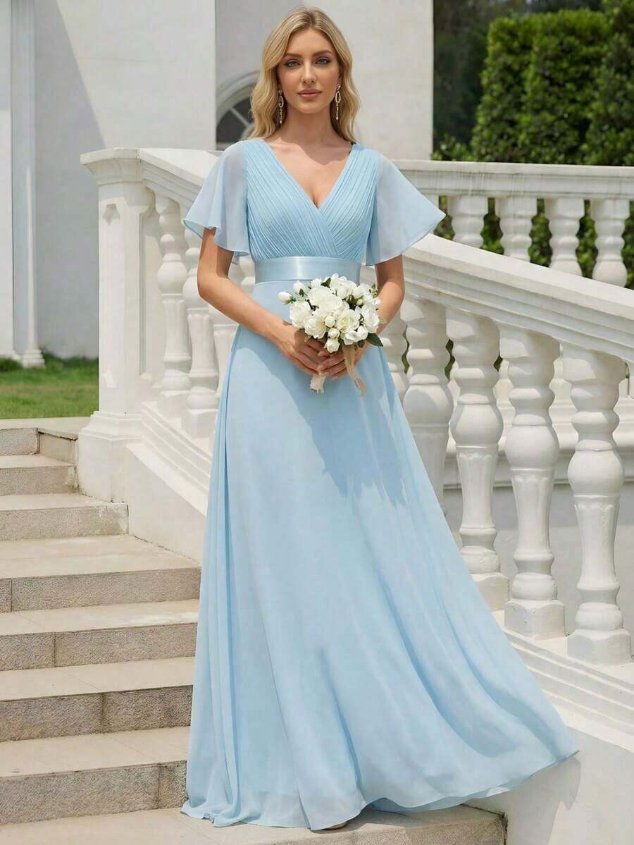 Vestido de dama de honor con cuello en V elegante, mangas con volantes y mariposa, color verde salvia, vestido de invitada de boda, vestido de primavera semi-formal para boda, fiesta de cumpleaños, graduación, Día de San Valentín - Celeste 2 - Ver 1
