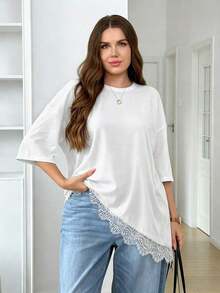 LUNE Camiseta de talla grande con parches de encaje y bajo asimétrico de unicolor - Blanco - Ver 4