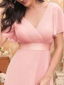 Vestido de dama de honor con cuello en V elegante, mangas con volantes y mariposa, color verde salvia, vestido de invitada de boda, vestido de primavera semi-formal para boda, fiesta de cumpleaños, graduación, Día de San Valentín - Rosa - Ver 3