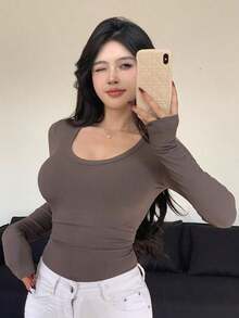 Camiseta de manga larga y cuello redondo de ajuste ceñido para mujer, versátil y casual, ropa de otoño - Caqui - Ver 5