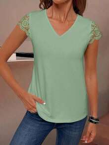 Camiseta de manga corta con parche de encaje en color liso, versátil y casual - verde menta - Ver 4