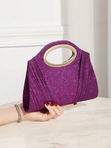 Cartera de Fiesta Dorada con Pedrería Brillante y Asa Metálica Circular, Clutch de Mano Elegante para Boda Cena y Eventos Especiales Moda Mujer - Negro - Ver 8