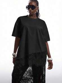 Camiseta holgada de encaje con dobladillo asimétrico a rayas para mujer de talla grande - Negro 2 - Ver 1
