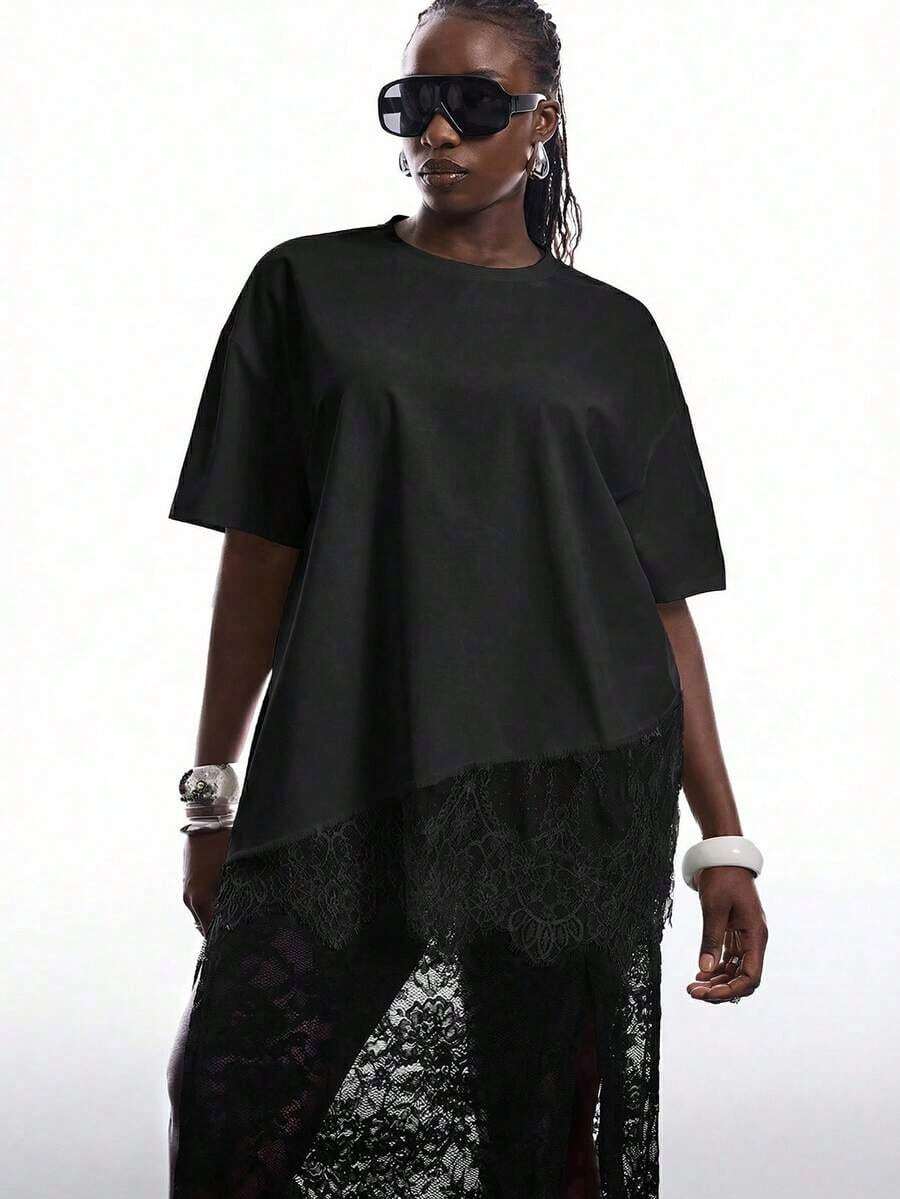 Camiseta holgada de encaje con dobladillo asimétrico a rayas para mujer de talla grande - Negro 2 - Ver 1