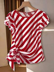 CURVE Blusa de manga corta con volantes y diseño de lazo lateral, de talla grande para mujer, nueva para primavera/verano, elegante y dinámica, con rayas, versátil, de color rojo y blanco, para uso casual y de vacaciones - Rojo - Ver 1