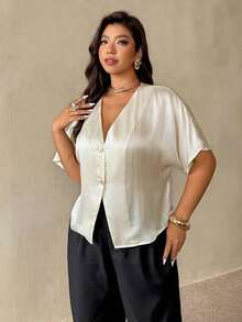 Camisa de manga corta de unicolor casual de talla grande, verano - Blanco 2 - Ver 5