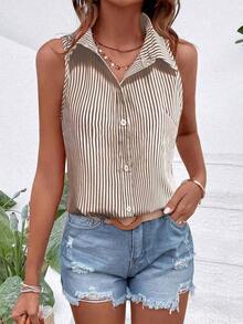 Blusa suelta de mujer casual de un solo botonadura a rayas azules y blancas sin mangas - Caqui - Ver 5
