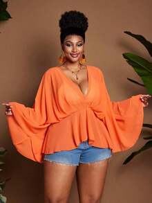 de gasa con cuello en V, mangas acampanadas con volantes y pliegues, estilo francés elegante para verano, talla grande, color naranja, camisa grácil para mujer, atuendo de vacaciones, Top con bajo fluido - Naranja - Ver 4
