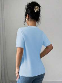 Camiseta de manga corta con decoración de strass para mujer, verano - Azul - Ver 2