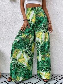 Pantalones de pierna ancha con estampado tropical - Verde 2 - Ver 3