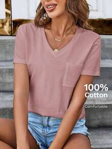 Camiseta de mujer cómoda de algodón, informal, con bolsillo, cuello en V, versátil y de moda - Morado - Ver 8