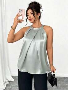 Camiseta sin mangas con pliegues 3D elegante para mujer de talla grande, versátil para fiesta, té de la tarde, ir al trabajo, color caqui - verde menta - Ver 3