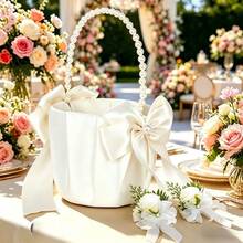 Elegant Flower Girl Basket For Wedding Satin Flower Petal Basket With Pearl Hand Grip And Bow Accents - Pearl Bow Flower Basket - View 12