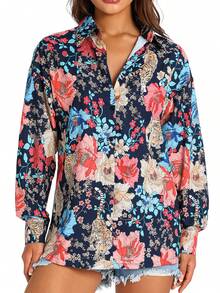 Women's Spring Autumn Slim Shirt Long Sleeve Lapel Zebra/Floral/Tree Print Button Blouse - Flowers - View 6