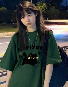 Women's Heavyweight Pure Cotton Green Short-Sleeved T-Shirt, Summer Style, Hong Kong Style, Loose Fit, Plus Size, Petite Size, American Urban Fashion Top. - 墨綠色 - 查看 12