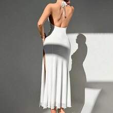 Vestido de malla blanca con escote profundo en V, abertura alta y diseño de flores 3D en el cuello para la temporada de bodas, hecho a mano para mujeres - Burdeos - Ver 3