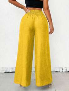 Women's Casual Wide-Leg Linen Pants With Metal Chain Detail, Autumn Style - Yellow - View 3