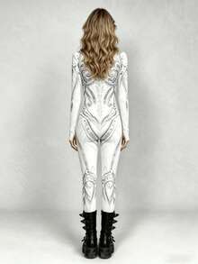 Futuristic Silver White Armor Print Tight Jumpsuit, Elastic/Cosplay/Convention/Party Stage Performance Outfit/Silver White Armor/Mechanical Pattern - White - View 3