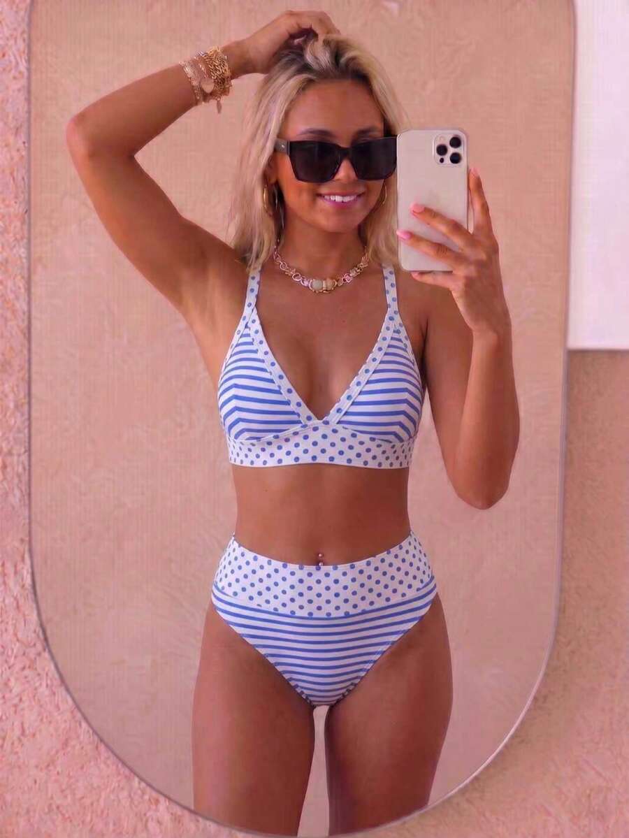 August vacation 夏季優雅女款時尚棕色波點條紋印花綁帶設計性感比基尼兩件式泳衣 度假海灘 - 藍白色 - 查看 1