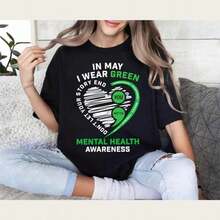 1 Piece  T-Shirt For Mental Health Awareness, Oversized Green T-Shirt With Boho Floral Design, Floral Graphic T-Shirt, Invisible Illness, Gift For Therapists, 180g 100% Cotton, Designs Are Printed. Unisex. - 黑色 4 - 查看 10