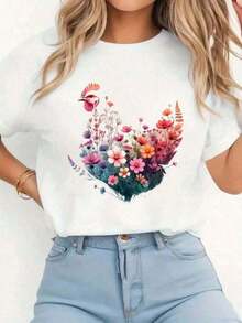 1 pieza Camiseta con estampado gráfico de arte floral de pollo para mujer amante de los pollos de granja, camiseta colorida, informal, de cuello redondo, manga corta, cómoda, para primavera y verano, ropa de mujer, 210g, 100% algodón, los patrones están completamente impresos. Unisexo. - Blanco - Ver 1
