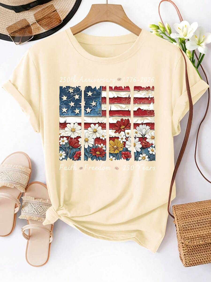 Camiseta de manga corta para mujer, talla grande, con cuello redondo y corte casual, con estampado floral de la bandera estadounidense, lavable a máquina, camiseta de primavera/verano, diseño divertido, ajuste cómodo, camiseta del 250º aniversario de los Estados Unidos. - Albaricoque - Ver 1