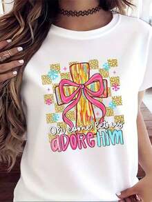 Camiseta Casual de Navidad con Cruz Cristiana "Oh Come Let Us Adore Him" para Mujer, Regalo Navideño con Lazo Rosa y Diseño de Copo de Nieve Dorado para Navidad, Invierno, Celebración Religiosa, Moda. - Blanco - Ver 6
