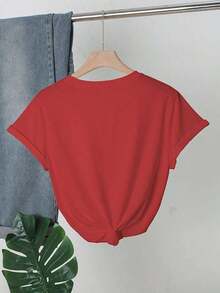 Women's Casual T-Shirt With Letter And Fruit Print, Drop Shoulders, Round Neck, 100% Cotton, Durable - 紅色 - 查看 2