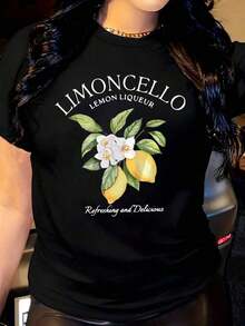 Women's Casual T-Shirt, Floral Design Of Lemon Blossom With Green Leaves And Yellow Fruit, Round Neck, Short Sleeve, Perfect As A Birthday Gift, Suitable For Wear In All Seasons, Ideal For Daily Outdoor Use, 100% Cotton, Durable. - 黑色 - 查看 1