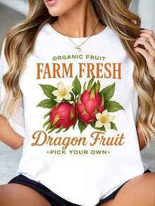 Camiseta Casual para Mujer, Cuello Redondo, Estampado de Fruta de Dragón Fresca de Granja Orgánica, Manga Corta, Top Casual de Verano, 100% Algodón, Resistente - Blanco - Ver 6