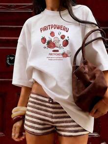 Camiseta casual rosa de algodón para mujer con estampado gráfico de fresas, manga corta, cuello redondo, corte regular, ideal para uso diario.--Camiseta cómoda y relajada para el ocio - Blanco - Ver 3