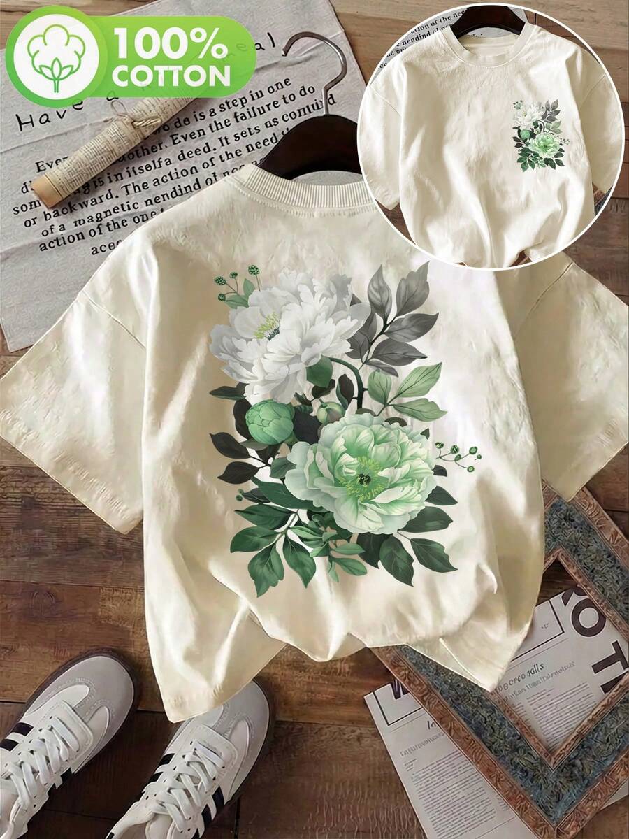 [Double-Sided Print] Fashionable Women's Top, Summer Clothes For Women, Cool Style With Green Peony Leaf Print, Round Neck, Short Sleeve T-Shirt, Winter Clothes For Women - 杏色 - 查看 1