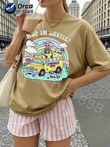 Camiseta de verano premium para mujer con estampado de esqueleto de mapache Strle Bus, patrón estampado, corte regular, 100% algodón puro, 180 gramos, marca Orca. Adecuada para uso casual de verano, salidas al aire libre, deportes, vacaciones, regalos y otras ocasiones. - Verde - Ver 6