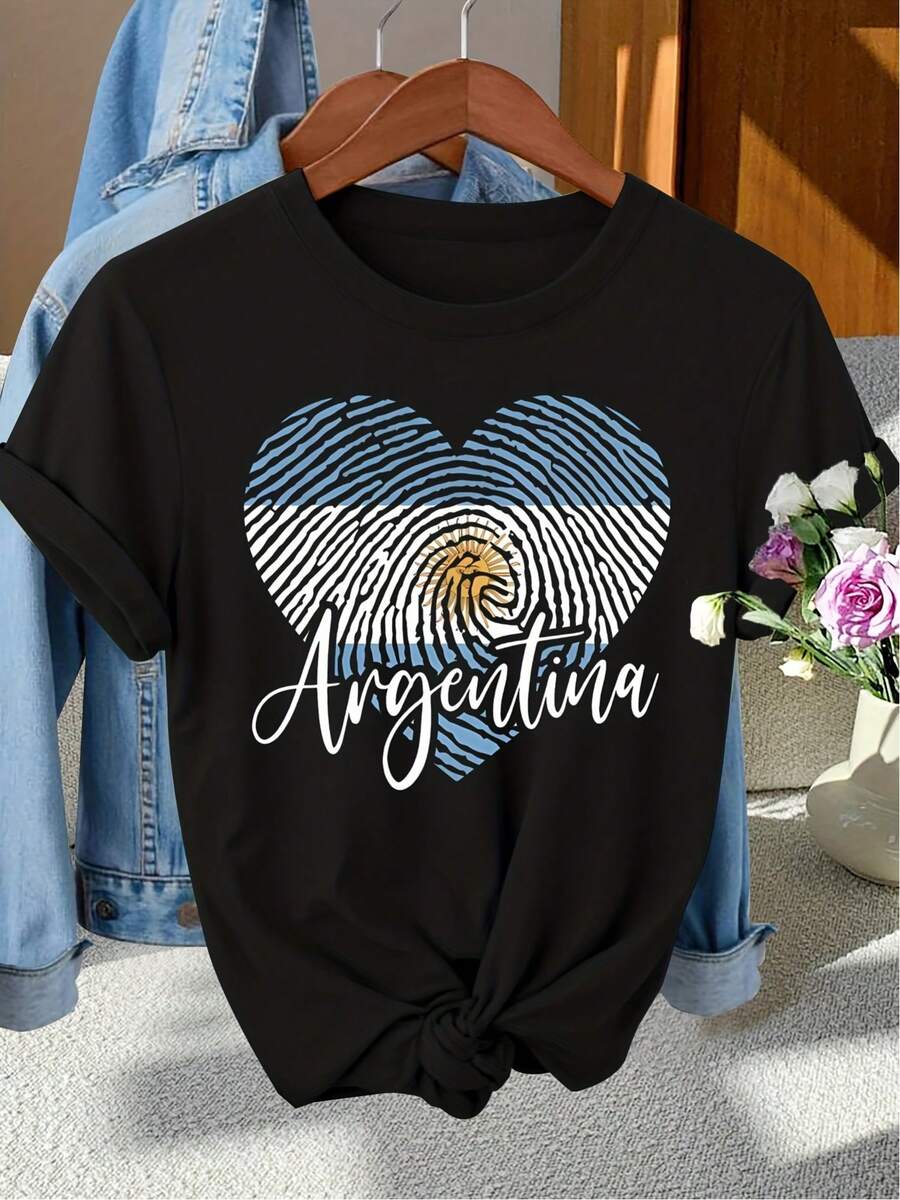 Cozy Comfy Lounge "Argentina's Day" Women's Casual Elegant Short Sleeve Crew Neck T-Shirt With Letter And Fingerprint Print, Fashionable For Work, Vacation, Daily Wear, Versatile Retro Style Top, Soft And Relaxed Home Wear. - 黑色 - 查看 1