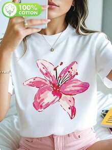 1 Piece Floral Print Short Sleeve T-Shirt, Casual And Lovely, Women's Floral Print T-Shirt, Round Neck Pullover, Short Sleeve T-Shirt, Graphic T-Shirts For Women, 180g Tops, 100% Cotton. - 白色 - 查看 7