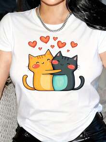 ropa de mujer Camiseta de mujer con adorable diseño de gato de dibujos animados abrazando - Camiseta de cuello redondo suave y cómoda, perfecta para uso casual, regalos o fiestas de disfraces, camiseta para todas las estaciones con gráfico divertido, camisas de mujer - Blanco - Ver 6